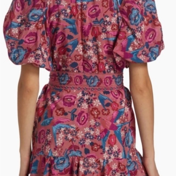 Farm Rio Floral Belted Birds Puff-Sleeve Mini Dress In Blush Sz xxs $210 - Picture 6 of 6